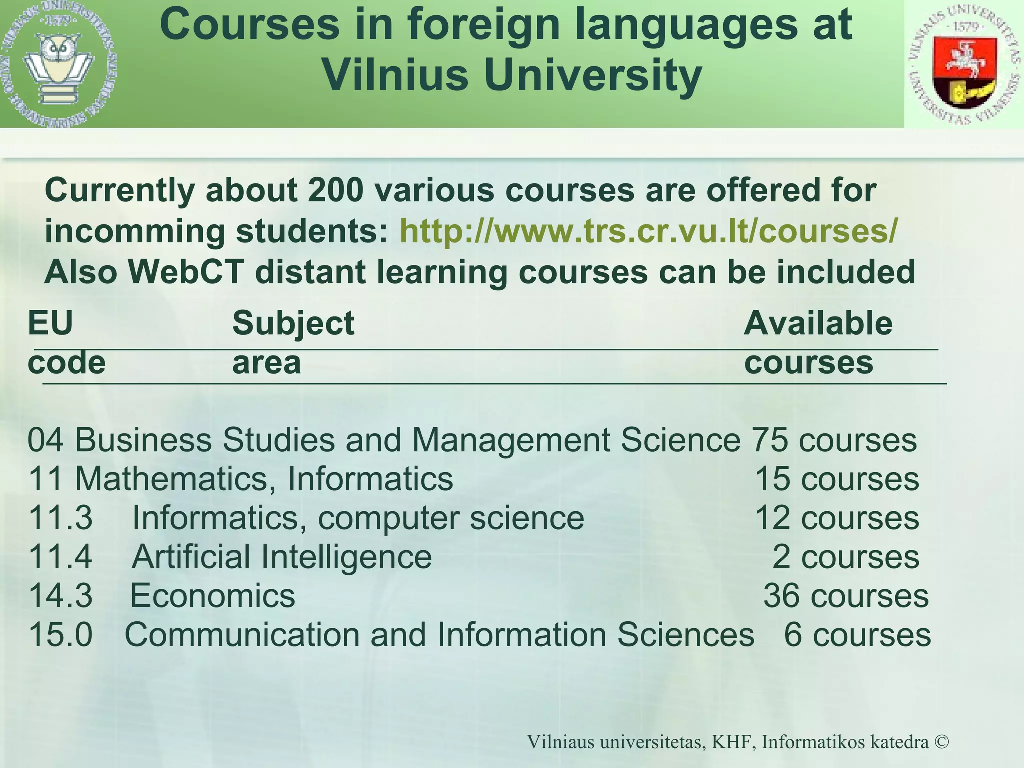 Courses in foreign languages at   Vilnius University EU  Subject  Available code  area  courses 04 Business Studies and Management Science 75 courses  11 Mathematics, Informatics   15 courses  11.3  Informatics, computer science  12 courses 11.4  Artificial Intelligence    2 courses  14.3   Economics   36  courses 15.0   Communication and Information Sc iences  6  courses Currently about 200 various courses are offered for incomming students:  http://www.trs.cr.vu.lt/courses/ Also WebCT distant learning courses can be included 