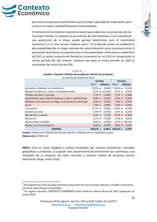 10
Chimborazo #418 y Aguirre, 2do Piso, Oficina #203 Telefax: 04-2524773
www.afines.fin.ec - infosoluciones@afines.fin.ec
Guayaquil-Ecuador
que exista una ganancia extraordinaria por la mayor capacidad de importación, pero
sí ocurre un mayor cantidad de bienes comercializados.
En términos de la dinámica empresarial resulta poco obvio las consecuencias de una
muy baja inflación, no obstante la persistencia de este fenómeno, en el contexto de
una apreciación de la divisa, puede generar distorsiones para el crecimiento
económico4
en el más cercano mediano plazo5
. En el párrafo previo se estableció la
alta probabilidad de un mayor volumen de comercialización como consecuencia de la
apreciación de la divisa, lo cual ocurrió en el caso panameño: entre enero y septiembre
de 2015, el sector comercio de Panamá se incrementó en un 4,5% en comparación al
mismo período del año anterior, mientras que para el mismo período de 2014 el
crecimiento del sector fue de 0,9%.
Cuadro No. 5
Fuente: Instituciones oficiales de difusión del IPC e inflación de los respectivos países.
Elaboración: AFINES S.A.
NOTA: Para un mayor desglose o análisis focalizados por sectores económicos, mercados
geográficos o productos, o cualquier otro requerimiento de información que contribuya a los
resultados de su empresa, por favor consultar a nuestros medios de contactos (correo
electrónico, Skype, móvil o fijo).
4
Actualmente la Unión Europea enfrenta la disyuntiva de una muy baja inflación y un débil crecimiento.
Consultar http://tinyurl.com/j59qxl5
5
Se sugiere consultar CONTEXTO ECONÓMICO sobre Producto Interno Bruto de 2015 (publicado en
enero-2016)
Peso* Inflación Peso* Inflación
Alimentos y bebidas no alcohólicas 22,5% 3,64% 22,4% 0,10%
Bebidas alcohólicas, tabaco y estupefacientes 0,7% 11,54% 0,7% 1,92%
Prendas de vestir y calzado 7,7% -1,69% 7,7% -5,38%
Alojamiento, agua, electricidad, gas y otros combustibles 8,3% 4,59% 8,5% -3,39%
Muebles, artículos para el hogar y conservación del hogar 5,9% 3,10% 7,8% -3,74%
Salud 7,3% 2,89% 3,4% -3,84%
Transporte 14,7% 5,94% 16,8% 0,29%
Comunicaciones 4,7% -1,02% 4,3% 6,22%
Recreación y cultura 5,3% 1,71% 9,7% -1,38%
Educación 5,1% 3,33% 2,4% 0,85%
Restaurantes y hoteles 8,0% 4,78% 6,7% 10,43%
Bienes y servicios diversos 9,9% 3,53% 9,8% -3,93%
GENERAL 100,0% 3,38% 100,0% 0,29%
Ecuador y Panamá: Inflación acumulada por división de productos
(al mes de diciembre de 2015)
Ecuador Panamá
 