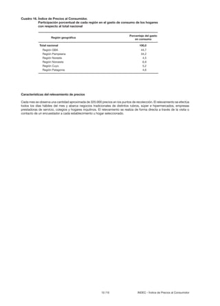 10 /10 INDEC - Índice de Precios al Consumidor
Características del relevamiento de precios
Cada mes se observa una cantidad aproximada de 320.000 precios en los puntos de recolección. El relevamiento se efectúa
todos los días hábiles del mes y abarca negocios tradicionales de distintos rubros, súper e hipermercados, empresas
prestadoras de servicio, colegios y hogares inquilinos. El relevamiento se realiza de forma directa a través de la visita o
contacto de un encuestador a cada establecimiento u hogar seleccionado.
Cuadro 16.	Índice de Precios al Consumidor.
	 Participación porcentual de cada región en el gasto de consumo de los hogares
	 con respecto al total nacional
Total nacional	 100,0
Región GBA	 44,7
Región Pampeana	 34,2
Región Noreste	 4,5
Región Noroeste	 6,9
Región Cuyo	 5,2
Región Patagonia	 4,6
Porcentaje del gasto
en consumo
Región geográfica
 