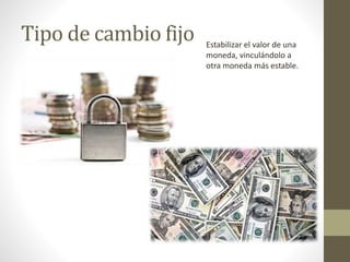 Tipo de cambio fijo Estabilizar el valor de una
moneda, vinculándolo a
otra moneda más estable.
 
