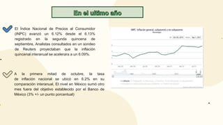 El Índice Nacional de Precios al Consumidor
(INPC) avanzó un 6.12% desde el 6.13%
registrado en la segunda quincena de
septiembre, Analistas consultados en un sondeo
de Reuters proyectaban que la inflación
quincenal interanual se acelerara a un 6.09%.
A la primera mitad de octubre, la tasa
de inflación nacional se ubicó en 6.2% en su
comparación interanual, El nivel en México sumó otro
mes fuera del objetivo establecido por el Banco de
México (3% +/- un punto porcentual)
 