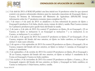 ( c ) 5 de abril de 2013: el MAGAP publicó una lista inicial con 16 productos sobre los que ejercerá
control, con precios referenciales distintos para los mercados mayoristas de Guayaquil, Quito y
Cuenca. El Sistema de Información del Ministerio de Agricultura (SINAGAP) recoge
información sobre los 17 productos restantes (para completar los 33).
( d ) 3 de mayo a 4 de junio de 2013: se añadieron a la lista referencial de precios de Quito y
Guayaquil 6 productos: Col, haba, choclo, mora, tomate de árbol y sandía. Para Cuenca constan
los 5 primeros productos pero quedó fuera del listado la sandía.
( e ) 5 de junio a 4 de julio de 2013: En control 27 productos en Quito, 26 en Guayaquil y 25 en
Cuenca; en Quito se incluyeron 5; en Guayaquil se incluyeron 7 y se excluyeron 2; en
Cuenca., se incluyeron 3 y se excluyó 1.
( f ) 5 de julio a 4 de agosto de 2013: En control 27 productos en Quito, 27 en Guayaquil y 25 en
Cuenca; respecto del listado del mes anterior, en Quito no hubo cambios; en Guayaquil se
incluyó 1: maíz suave (choclo).
( g ) 5 de agosto a 4 de septiembre de 2013: En control 28 productos en Quito y Guayaquil y 26 en
Cuenca; respecto del listado del mes anterior, en Quito se incluyó 1: naranja; en Guayaquil se
incluyó 1: mandarina.
( h ) 5 de septiembre a 4 de octubre de 2013: En control 29 productos en Quito, 28 en Guayaquil y
26 en Cuenca; respecto del listado del mes anterior, en Quito se incluyó 1: mandarina de la
Costa; en Guayaquil y Cuenca no hubo cambios.
( i ) 5 de octubre a 4 de noviembre de 2013: En control 29 productos en Quito y Cuenca, y, 28 en
Guayaquil; respecto del listado del mes anterior, en Quito y Guayaquil no hubo cambios; en
Cuenca se incluyeron 3: fréjol tierno, melón y sandía.
Fuente: MAGAP
CRONOLOGÍA DE APLICACIÓN DE LA MEDIDA
20
 