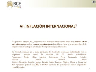 VI. INFLACIÓN INTERNACIONAL2
2 A partir de febrero 2013, el cálculo de la inflación internacional anual de la lámina 28 de
este documento, utiliza nuevos ponderadores obtenidos en base al peso específico de la
importación de cada país en el total de importaciones del Ecuador.
La fórmula utilizada es la suma-producto del ponderador mencionado multiplicado por su
respectiva inflación anual; la muestra de 20 países considerada:
Argentina, Brasil, Chile, México, Colombia, Perú, Venezuela, Estados
Unidos, Canadá, Holanda, Reino
Unido, Alemania, España, Japón, Taiwán, Italia, Francia, Bélgica, China y Corea del
Sur, representa para el año 2013 el 84.06% del total del comercio de bienes importados
por el Ecuador.
25
 