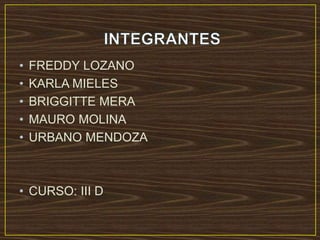 • FREDDY LOZANO
• KARLA MIELES
• BRIGGITTE MERA
• MAURO MOLINA
• URBANO MENDOZA
• CURSO: III D
 