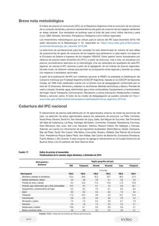 14/17
Breve nota metodológica
El Índice de precios al consumidor (IPC) de la República Argentina mide la evolución de los precios
de un conjunto de bienes y servicios representativos del gasto de consumo de los hogares residentes
en áreas urbanas. Sus resultados se publican para el total del país como índice nacional y para
Cuyo, GBA, Noreste, Noroeste, Pampeana y Patagonia como índices regionales.
Los lineamientos metodológicos que se utilizan para el cálculo del IPC base diciembre 2016=100
están descriptos en la Metodología n° 32, disponible en: https://www.indec.gob.ar/ftp/cuadros/
economia/metodologia_ipc_nacional_2019.pdf.
La estructura de ponderaciones para las canastas ha sido determinada de manera tal que refleje
las proporciones de gasto de consumo de los hogares que pertenecen a cada región con base en
la Encuesta de Gastos e Ingresos de los Hogares 2004/05. Estos gastos fueron actualizados por
relativos de precios hasta diciembre de 2015 y a partir de entonces, mes a mes, se actualizan por
precios, procedimiento descripto en la metodología. Una vez obtenidos los resultados de cada IPC
regional, se calcula el IPC nacional a partir de la agregación de los índices de precios regionales.
De este modo, se obtienen índices que permiten la comparación entre regiones y también su cotejo
con respecto a resultados nacionales.
A partir de la publicación del IPC con cobertura nacional, el INDEC ha adoptado la Clasificación del
Consumo Individual por Finalidad Argentina (COICOP Argentina), basada en la COICOP de Naciones
Unidas, de 1999. Este clasificador cuenta con un primer nivel de desagregación conformado por un
total de 12 divisiones: Alimentos y bebidas no alcohólicas; Bebidas alcohólicas y tabaco; Prendas de
vestir y calzado; Vivienda, agua, electricidad, gas y otros combustibles; Equipamiento y mantenimiento
del hogar; Salud; Transporte; Comunicación; Recreación y cultura; Educación; Restaurantes y hoteles;
Bienes y servicios varios. El resto de los niveles de desagregación se pueden consultar en https://
www.indec.gob.ar/ftp/cuadros/menusuperior/clasificadores/coicop_argentina_2019.xls.
Cobertura del IPC nacional
El relevamiento de precios está distribuido en 39 aglomerados urbanos de todas las provincias del
país. La selección de estos aglomerados abarca las cabeceras de provincia: La Plata, Córdoba,
Santa Rosa, Paraná, Santa Fe, San Salvador de Jujuy, Salta, San Miguel de Tucumán, San Fernando
del Valle de Catamarca, La Rioja, Santiago del Estero, Corrientes, Posadas, Resistencia, Formosa,
Gran Mendoza, San Juan, San Luis, Neuquén, Viedma, Rawson-Trelew, Río Gallegos y Ushuaia.
Además, se cuenta con información de las siguientes localidades: Bahía Blanca, Zárate, Campana,
Mar del Plata, Tandil, Río Cuarto, Villa María, Concordia, Rosario, Rafaela, San Ramón de la Nueva
Orán, Presidencia Roque Sáenz Peña, San Rafael, San Carlos de Bariloche, Comodoro Rivadavia,
Puerto Madryn y Río Grande. A este conjunto se agrega el relevamiento en la Ciudad Autónoma de
Buenos Aires y los 24 partidos del Gran Buenos Aires.
Porcentaje
Nivel general 100,0 100,0 100,0 100,0 100,0 100,0
Alimentos y bebidas no alcohólicas 23,4 28,6 35,3 34,7 28,4 27,4
Bebidas alcohólicas y tabaco 3,3 3,8 3,6 3,1 3,6 3,5
Prendas de vestir y calzado 8,5 10,4 11,6 12,4 11,4 12,8
Vivienda, agua, electricidad, gas y otros combustibles 10,5 8,7 8,1 7,0 8,9 10,1
Equipamiento y mantenimiento del hogar 6,3 6,3 7,8 6,1 6,3 6,5
Salud 8,8 8,2 5,3 6,3 7,4 5,0
Transporte 11,6 10,4 9,6 8,4 12,1 13,4
Comunicación 2,8 2,9 2,8 2,6 2,5 3,2
Recreación y cultura 7,5 7,4 6,2 5,9 6,7 7,8
Educación 3,0 1,6 1,4 2,0 2,2 2,1
Restaurantes y hoteles 10,8 8,1 5,0 8,0 6,8 5,1
Bienes y servicios varios 3,6 3,6 3,3 3,4 3,6 3,1
Nivel general y
divisiones
Región geográfica del país
GBA Pampeana Noreste Noroeste Cuyo Patagonia
Cuadro 17.	 Índice de precios al consumidor.
	 Ponderaciones de la canasta, según divisiones, a diciembre de 2016
Fuente: INDEC. Dirección de Índices de Precios de Consumo.
 