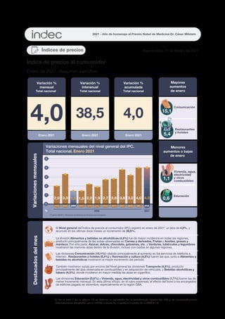 Índices de precios Buenos Aires, 11 de febrero de 2021
Índice de precios al consumidor
Enero de 2021. Resumen ejecutivo
(1
) En la nota 1 de la página 16 se detallan la aplicación de la metodología vigente del IPC y las recomendaciones
internacionales adoptadas por el INDEC a causa de la pandemia global de la COVID-19.
7
1
2
3
4
5
%
Fuente: INDEC. Dirección de Índices de Precios de Consumo.
2020 2021
Variaciones
mensuales
Variaciones mensuales del nivel general del IPC.
Total nacional. Enero 2021
Variación %
interanual
Total nacional
38,5
Mayores
aumentos
de enero
Menores
aumentos o bajas
de enero
Variación %
mensual
Total nacional
Enero 2021
4,0 4,0
Variación %
acumulada
Educación
0,6
Comunicación
15,1
2,7
AGO SEP OCT
2,2
JUN
1,9
JUL
2,8
FEB
2,0
ABR MAY
3,3
MAR
3,2
NOV
4,0
DIC
4,0
ENE
1,5
1,5 3,8
0
5,4
Restaurantes
y hoteles
1,1
Vivienda, agua,
electricidad
y otros
combustibles
Enero 2021 Enero 2021
Destacados
del
mes
La división Alimentos y bebidas no alcohólicas (4,8%) fue de mayor incidencia en todas las regiones,
producto principalmente de las subas observadas en Carnes y derivados, Frutas y Aceites, grasas y
manteca. Por otra parte, Azúcar, dulces, chocolate, golosinas, etc. y Verduras, tubérculos y legumbres
mostraron las menores alzas dentro de la división, incluso con caídas en algunas regiones.
También mostraron subas por encima del Nivel general las divisiones Transporte (4,6%), producto
principalmente del alza observada en combustibles y en adquisición de vehículos, y Bebidas alcohólicas y
tabaco (4,5%), donde incidieron en mayor medida las alzas en cigarrillos.
Las divisiones Educación (0,6%) y Vivienda, agua, electricidad y otros combustibles (1,1%) fueron las de
menor incremento mensual. En esta última influyó, en el rubro expensas, el efecto del bono a los encargados
de edificios pagado en diciembre, especialmente en la región GBA.
Las divisiones Comunicación (15,1%) –debido principalmente al aumento en los servicios de telefonía e
internet-, Restaurantes y hoteles (5,4%) y Recreación y cultura (4,8%) fueron las que, junto a Alimentos y
bebidas no alcohólicas mostraron el mayor incremento del período.
El Nivel general del Índice de precios al consumidor (IPC) registró en enero de 20211
un alza de 4,0%, y
acumuló en los últimos doce meses un incremento de 38,5%.
Total nacional
2021 - Año de homenaje al Premio Nobel de Medicina Dr. César Milstein
 