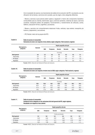 8/17
Con el propósito de acercar una herramienta de análisis de la evolución del IPC, se presenta una cla-
sificación de los bienes y servicios de la canasta, que da origen a tres categorías diferentes:
-	Bienes y servicios cuyos precios están sujetos a regulación o tienen alto componente impositivo:
combustibles para la vivienda, electricidad, agua y servicios sanitarios, sistemas de salud y servicios
auxiliares, transporte público de pasajeros, funcionamiento y mantenimiento de vehículos, correo,
teléfono, educación formal y cigarrillos y accesorios.
-	Bienes y servicios con comportamiento estacional: frutas, verduras, ropa exterior, transporte por
turismo y alojamiento y excursiones.
-	 IPC Núcleo: resto de los grupos del IPC.
Porcentaje
Nivel general 4,0 3,3 4,6 4,3 5,5 4,5 4,1
Estacionales 3,0 2,0 3,7 2,9 4,8 4,4 3,4
IPC Núcleo 3,9 3,2 4,6 4,4 5,0 4,1 3,9
Regulados 5,1 4,3 5,5 5,1 7,9 5,8 5,3
Nivel general y
categorías
Nacional
Región geográfica del país
GBA Pampeana Noreste Noroeste Cuyo Patagonia
Cuadro 9. Índice de precios al consumidor.
Variaciones de enero con respecto al mes anterior, según categorías. Total nacional y regiones
Fuente: INDEC. Dirección de Índices de Precios de Consumo.
Cuadro 11. Índice de precios al consumidor.
Incidencia de las categorías en las variaciones del nivel general del IPC, según regiones.
Resultados con respecto al mes anterior
Puntos porcentuales
Nivel general 3,3 4,6 4,3 5,5 4,5 4,1
Estacionales 0,22 0,45 0,37 0,64 0,51 0,40
IPC Núcleo 2,16 3,17 3,11 3,49 2,79 2,61
Regulados 0,91 1,00 0,84 1,38 1,16 1,11
Nivel general y
categorías
Región geográfica del país
GBA Pampeana Noreste Noroeste Cuyo Patagonia
Porcentaje
Nivel general 38,5 35,9 40,7 43,9 42,3 40,4 34,3
Estacionales 63,4 61,2 63,5 65,0 73,4 74,3 54,9
IPC Núcleo 41,4 39,1 43,7 46,3 44,4 41,9 36,0
Regulados 19,3 17,6 20,3 23,5 19,6 22,4 20,8
Nivel general y
categorías
Nacional
Región geográfica del país
GBA Pampeana Noreste Noroeste Cuyo Patagonia
Cuadro 10. Índice de precios al consumidor.
Variaciones de enero con respecto al mismo mes de 2020, según categorías. Total nacional y regiones
Fuente: INDEC. Dirección de Índices de Precios de Consumo.
Fuente: INDEC. Dirección de Índices de Precios de Consumo.
 
