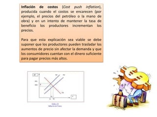 Inflación de costos (Cost push inflation), 
producida cuando el costos se encarecen (por 
ejemplo, el precios del petróleo o la mano de 
obra) y en un intento de mantener la tasa de 
beneficio los productores incrementan los 
precios. 
Para que esta explicación sea viable se debe 
suponer que los productores pueden trasladar los 
aumentos de precio sin afectar la demanda y que 
los consumidores cuentan con el dinero suficiente 
para pagar precios más altos. 
 