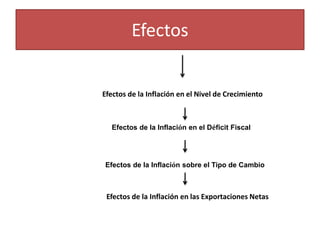 Efectos 
Efectos de la Inflación en el Nivel de Crecimiento 
Efectos de la Inflación en el Déficit Fiscal 
Efectos de la Inflación sobre el Tipo de Cambio 
Efectos de la Inflación en las Exportaciones Netas 
 