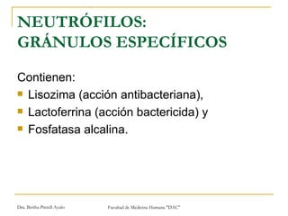 NEUTRÓFILOS: GRÁNULOS ESPECÍFICOS Contienen: Lisozima (acción antibacteriana), Lactoferrina (acción bactericida) y  Fosfatasa alcalina. 