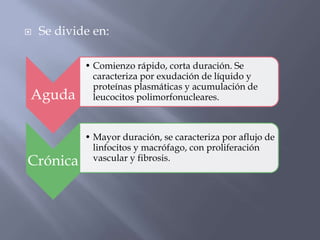 

Se divide en:

Aguda

Crónica

• Comienzo rápido, corta duración. Se
caracteriza por exudación de líquido y
proteínas plasmáticas y acumulación de
leucocitos polimorfonucleares.

• Mayor duración, se caracteriza por aflujo de
linfocitos y macrófago, con proliferación
vascular y fibrosis.

 