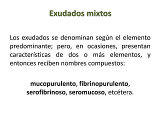 Exudados mixtos
Los exudados se denominan según el elemento
predominante; pero, en ocasiones, presentan
características de dos o más elementos, y
entonces reciben nombres compuestos:
mucopurulento, fibrinopurulento,
serofibrinoso, seromucoso, etcétera.
 
