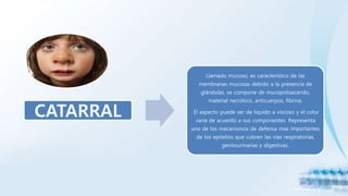 CATARRAL
Llamado mucoso, es característico de las
membranas mucosas debido a la presencia de
glándulas, se compone de mucopolisacarido,
material necrótico, anticuerpos, fibrina.
El aspecto puede ser de liquido a viscoso y el color
varia de acuerdo a sus componentes. Representa
uno de los mecanismos de defensa mas importantes
de los epitelios que cubren las vías respiratorias,
genitourinarias y digestivas.
 