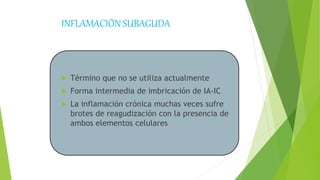 INFLAMACIÓN SUBAGUDA
 Término que no se utiliza actualmente
 Forma intermedia de imbricación de IA-IC
 La inflamación crónica muchas veces sufre
brotes de reagudización con la presencia de
ambos elementos celulares
 