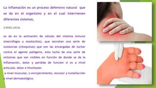 La inflamación es un proceso defensivo natural que
se da en el organismo y en el cual intervienen
diferentes sistemas.
A NIVEL LOCAL
se da en la activación de células del sistema inmune
(macrófagos y mastocitos), que secretan una serie de
sustancias (citoquinas) que son las encargadas de luchar
contra el agente patógeno, esta lucha da una serie de
síntomas que son visibles en función de donde se da la
inflamación, dolor y perdida de función si es a nivel
articular, dolor e hinchazón
a nivel muscular, o enrojecimiento, escozor y tumefacción
a nivel dermatológico.
 