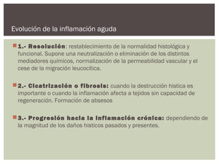 Evolución de la inflamación aguda 
1.- Resolución: restablecimiento de la normalidad histológica y 
funcional. Supone una neutralización o eliminación de los distintos 
mediadores químicos, normalización de la permeabilidad vascular y el 
cese de la migración leucocítica. 
2.- Cicatrización o fibrosis: cuando la destrucción histica es 
importante o cuando la inflamación afecta a tejidos sin capacidad de 
regeneración. Formación de absesos 
3.- Progresión hacia la inflamación crónica: dependiendo de 
la magnitud de los daños histicos pasados y presentes. 
 