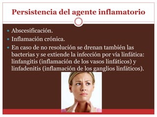 Persistencia del agente inflamatorio 
 Abscesificación. 
 Inflamación crónica. 
 En caso de no resolución se drenan también las 
bacterias y se extiende la infección por vía linfática: 
linfangitis (inflamación de los vasos linfáticos) y 
linfadenitis (inflamación de los ganglios linfáticos). 
 