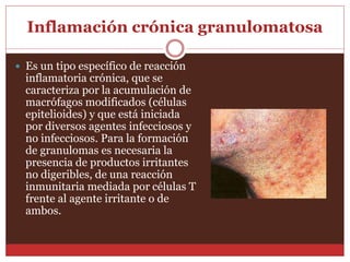 Inflamación crónica granulomatosa 
 Es un tipo específico de reacción 
inflamatoria crónica, que se 
caracteriza por la acumulación de 
macrófagos modificados (células 
epitelioides) y que está iniciada 
por diversos agentes infecciosos y 
no infecciosos. Para la formación 
de granulomas es necesaria la 
presencia de productos irritantes 
no digeribles, de una reacción 
inmunitaria mediada por células T 
frente al agente irritante o de 
ambos. 
 