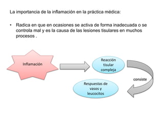 La importancia de la inflamación en la práctica médica: 
• Radica en que en ocasiones se activa de forma inadecuada o se 
controla mal y es la causa de las lesiones tisulares en muchos 
procesos . 
Reacción 
tisular 
compleja 
consiste 
Respuestas de 
vasos y 
leucocitos 
Inflamación 
 