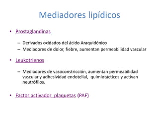 Mediadores lipídicos
• Prostaglandinas

   – Derivados oxidados del ácido Araquidónico
   – Mediadores de dolor, fiebre, aumentan permeabilidad vascular

• Leukotrienos

   – Mediadores de vasoconstricción, aumentan permeabilidad
     vascular y adhesividad endotelial, quimiotácticos y activan
     neutrófilos.

• Factor activador plaquetas (PAF)
 