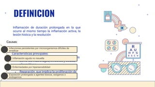 DEFINICION
Inflamación de duración prolongada en la que
ocurre al mismo tiempo la inflamación activa, la
lesión hística y la resolución
Características principales:
● Infiltración por células mononucleadas, tales
como los macrófagos, linfocitos y células
plasmáticas.
● Destrucción hística
● Reparación, que implica la proliferación de
nuevos vasos y fibrosis.
Infecciones persistentes por microorganismos difíciles de
erradicar
Inflamación aguda no resuelta
Enfermedades por hipersensibilidad
Exposición prolongada a agentes tóxicos, exógenos o
endogemos
Causas:
 