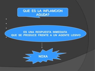 QUE  ES  LA  INFLAMCION  AGUDA?ES  UNA  RESPUESTA  INMEDIATA  QUE  SE  PRODUCE  FRENTE  A  UN  AGENTE  LESIVONOXA
