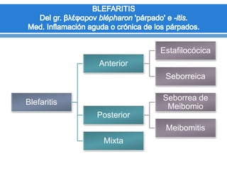 Blefaritis
Anterior
Estafilocócica
Seborreica
Posterior
Seborrea de
Meibomio
Meibomitis
Mixta
 