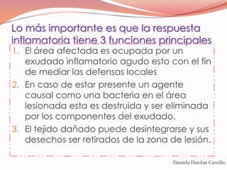 Lo más importante es que la respuesta
inflamatoria tiene 3 funciones principales
1. El área afectada es ocupada por un
   exudado inflamatorio agudo esto con el fin
   de mediar las defensas locales
2. En caso de estar presente un agente
   causal como una bacteria en el área
   lesionada esta es destruida y ser eliminada
   por los componentes del exudado.
3. El tejido dañado puede desintegrarse y sus
   desechos ser retirados de la zona de lesión.

                                      Daniela Dueñas Carrillo
 