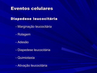 Eventos celulares

Diapedese leucocitária

  - Marginação leucocitária

  - Rolagem

  - Adesão

  - Diapedese leucocitária

  - Quimiotaxia

  - Ativação leucocitária
 