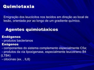 Quimiotaxia

 Emigração dos leucócitos nos tecidos em direção ao local de
 lesão, orientada por ao longo de um gradiente químico.

   Agentes quimiotáxicos
 Endógenos
 - produtos bacterianos
 Exógenos
 - componentes do sistema complemento especialmente C5a;
 - produtos da via lipoxigenase, especialmente leucotrieno B4
(LTB4)
 - citocinas (ex. , IL8)
 
