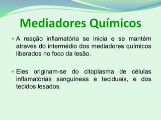 Mediadores Químicos
 A reação inflamatória se inicia e se mantém
através do intermédio dos mediadores químicos
liberados no foco da lesão.
 Eles originam-se do citoplasma de células
inflamatórias sanguíneas e teciduais, e dos
tecidos lesados.
 