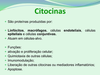 Citocinas
 São proteínas produzidas por:
 Linfócitos, macrófagos, células endoteliais, células
epiteliais e células conjuntivas.
 Atuam em células-alvo.
 Funções:
 ativação e proliferação celular;
 Quimiotaxia de outras células;
 Imunomodulação;
 Liberação de outras citocinas ou mediadores inflamatórios;
 Apoptose.
 