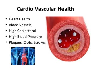 Cardio Vascular Health
•   Heart Health
•   Blood Vessels
•   High Cholesterol
•   High Blood Pressure
•   Plaques, Clots, Strokes
 