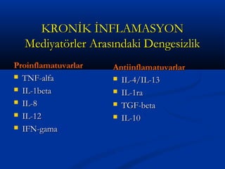 KKRROONNİİKK İİNNFFLLAAMMAASSYYOONN 
MMeeddiiyyaattöörrlleerr AArraassıınnddaakkii DDeennggeessiizzlliikk 
PPrrooiinnffllaammaattuuvvaarrllaarr 
AAnnttiiiinnffllaammaattuuvvaarrllaarr 
 TTNNFF--aallffaa 
 IILL--44//IILL--1133 
 IILL--11bbeettaa 
 IILL--11rraa 
 IILL--88 
 TTGGFF--bbeettaa 
 IILL--1122 
 IILL--1100 
 IIFFNN--ggaammaa 
 