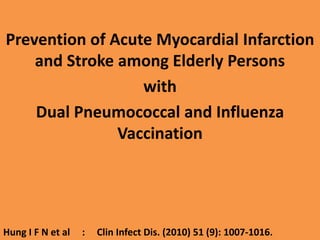 Prevention of Acute Myocardial Infarction
and Stroke among Elderly Persons
with
Dual Pneumococcal and Influenza
Vaccination
Hung I F N et al : Clin Infect Dis. (2010) 51 (9): 1007-1016.
 