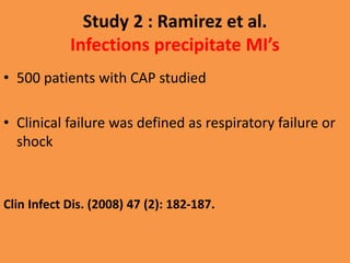 Study 2 : Ramirez et al.
Infections precipitate MI’s
• 500 patients with CAP studied
• Clinical failure was defined as respiratory failure or
shock
Clin Infect Dis. (2008) 47 (2): 182-187.
 