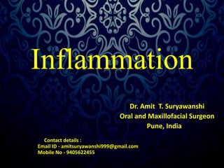 Inflammation 
Dr. Amit T. Suryawanshi 
Oral and Maxillofacial Surgeon 
Pune, India 
Contact details : 
Email ID - amitsuryawanshi999@gmail.com 
Mobile No - 9405622455 
 