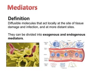 Definition
Diffusible molecules that act locally at the site of tissue
damage and infection, and at more distant sites.
They can be divided into exogenous and endogenous
mediators.
 