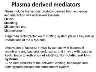 These include the various products derived from activation
and interaction of 4 interlinked systems:
kinin,
clotting,
fibinolytic and
complement
Plasma derived mediators
Hageman factor(factor xii) of clotting system plays a key role in
interactions of the 4 systems
oActivation of factor xii in vivo by contact with basement
membrane and bacterial endotoxins, and in vitro with glass or
kaolin leads to activation of clotting, fibrinolytic, and kinin
systems.
oThe end products of the activated clotting, fibrinolytic and
kinin system activate the complement system
 