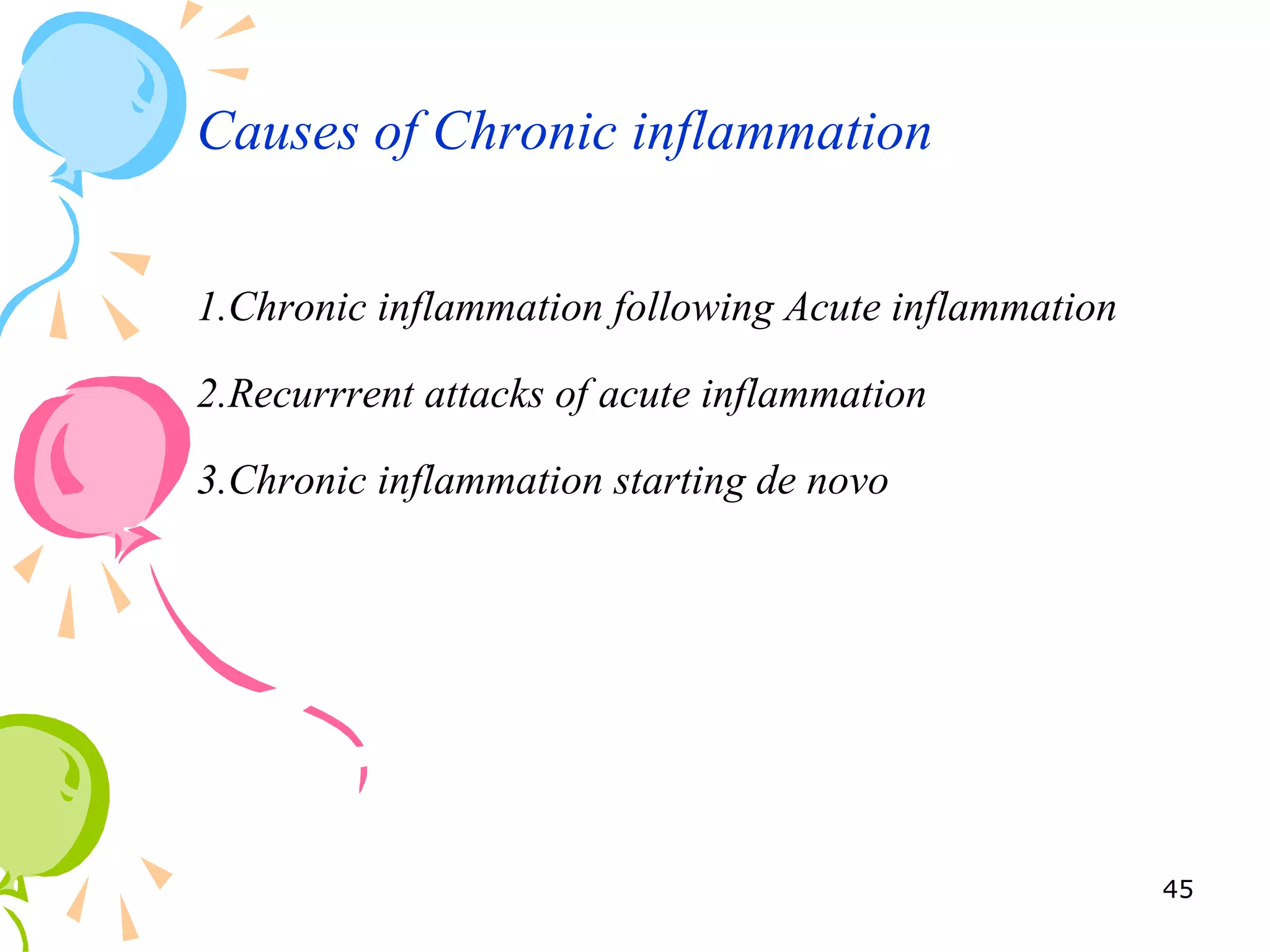 Causes of Chronic inflammation
1.Chronic inflammation following Acute inflammation
2.Recurrrent attacks of acute inflammation
3.Chronic inflammation starting de novo
45
 