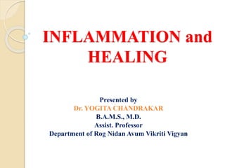 INFLAMMATION and
HEALING
Presented by
Dr. YOGITA CHANDRAKAR
B.A.M.S., M.D.
Assist. Professor
Department of Rog Nidan Avum Vikriti Vigyan
 