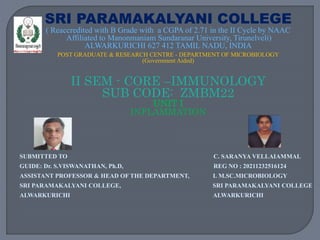 SRI PARAMAKALYANI COLLEGE
( Reaccredited with B Grade with a CGPA of 2.71 in the II Cycle by NAAC
Affiliated to Manonmaniam Sundaranar University, Tirunelveli)
ALWARKURICHI 627 412 TAMIL NADU, INDIA
POST GRADUATE & RESEARCH CENTRE - DEPARTMENT OF MICROBIOLOGY
(Government Aided)
II SEM - CORE –IMMUNOLOGY
SUB CODE: ZMBM22
UNIT I
INFLAMMATION
SUBMITTED TO C. SARANYA VELLAIAMMAL
GUIDE: Dr. S.VISWANATHAN, Ph.D, REG NO : 20211232516124
ASSISTANT PROFESSOR & HEAD OF THE DEPARTMENT, I. M.SC.MICROBIOLOGY
SRI PARAMAKALYANI COLLEGE, SRI PARAMAKALYANI COLLEGE
ALWARKURICHI ALWARKURICHI
 