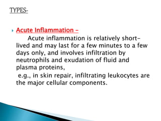  Acute Inflammation –
Acute inflammation is relatively short-
lived and may last for a few minutes to a few
days only, and involves infiltration by
neutrophils and exudation of fluid and
plasma proteins,
e.g., in skin repair, infiltrating leukocytes are
the major cellular components.
 