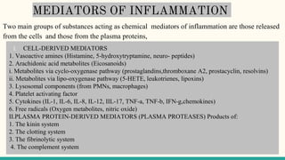 MEDIATORS OF INFLAMMATION
Two main groups of substances acting as chemical mediators of inflammation are those released
from the cells and those from the plasma proteins,
I. CELL-DERIVED MEDIATORS
1. Vasoactive amines (Histamine, 5-hydroxytryptamine, neuro- peptides)
2. Arachidonic acid metabolites (Eicosanoids)
i. Metabolites via cyclo-oxygenase pathway (prostaglandins,thromboxane A2, prostacyclin, resolvins)
ii. Metabolites via lipo-oxygenase pathway (5-HETE, leukotrienes, lipoxins)
3. Lysosomal components (from PMNs, macrophages)
4. Platelet activating factor
5. Cytokines (IL-1, IL-6, IL-8, IL-12, IIL-17, TNF-a, TNF-b, IFN-g,chemokines)
6. Free radicals (Oxygen metabolites, nitric oxide)
II.PLASMA PROTEIN-DERIVED MEDIATORS (PLASMA PROTEASES) Products of:
1. The kinin system
2. The clotting system
3. The fibrinolytic system
4. The complement system
 