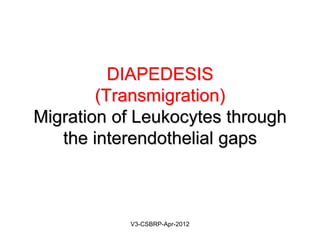 DIAPEDESISDIAPEDESIS
(Transmigration)(Transmigration)
Migration of Leukocytes through
the interendothelial gaps
May-2015-CSBRP
 