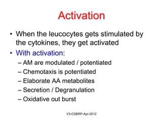 PHAGOCYTOSISPHAGOCYTOSIS
The process of phagocytosis:
Opsonins:
Like sauce making the bread palatable,
opsonins make particles palatable for
phagocytes
Opsonization facilitates phagocytosis
PMNs and MØ has receptors for C3b & Fc
May-2015-CSBRP
 