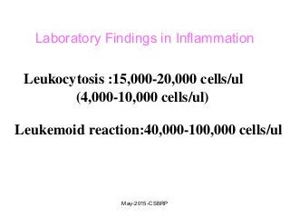 Laboratory Findings in Inflammation
Leukocytosis :15,000-20,000 cells/ul
(4,000-10,000 cells/ul)
Leukemoid reaction:40,000-100,000 cells/ul
May-2015-CSBRP
 