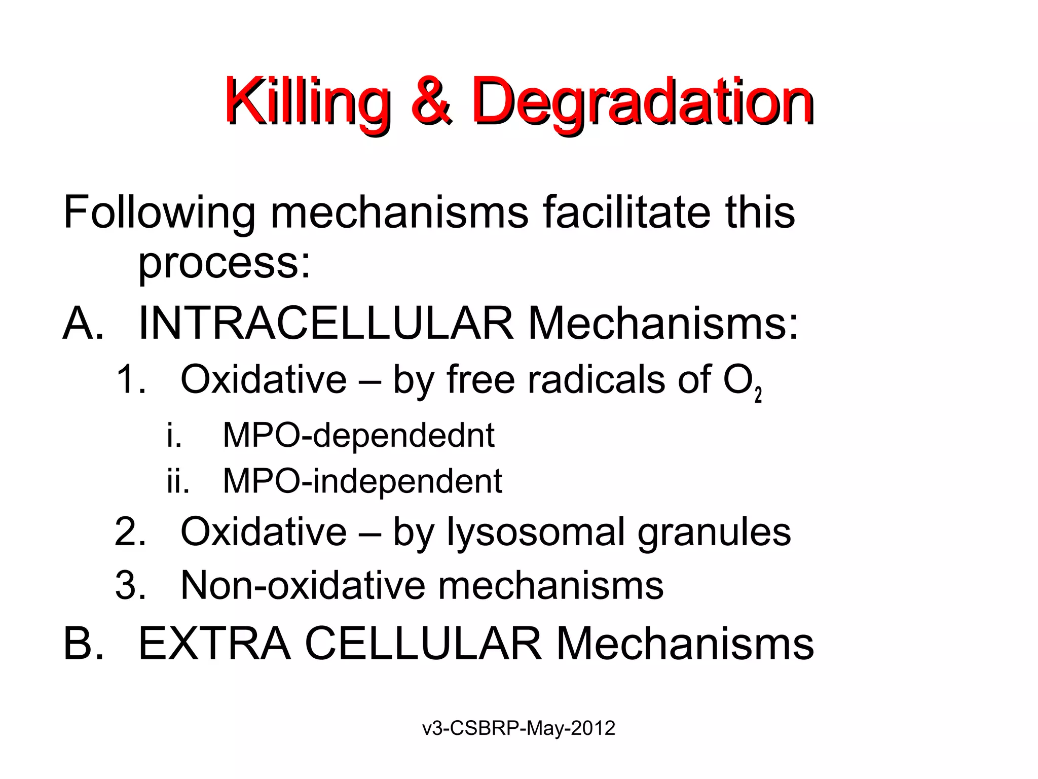 Killing & Degradation
Following mechanisms facilitate this
    process:
A. INTRACELLULAR Mechanisms:
  1. Oxidative – by free radicals of O2
     i. MPO-dependednt
     ii. MPO-independent
  2. Oxidative – by lysosomal granules
  3. Non-oxidative mechanisms
B. EXTRA CELLULAR Mechanisms
                   v3-CSBRP-May-2012
 
