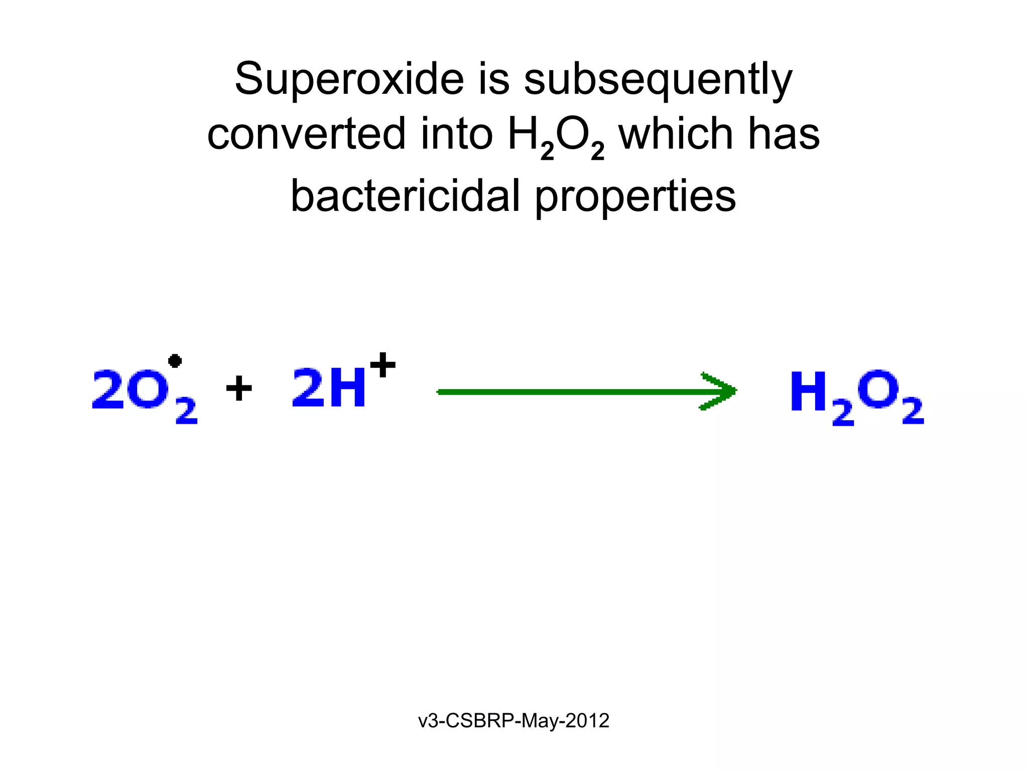 Superoxide is subsequently
converted into H2O2 which has
   bactericidal properties




         v3-CSBRP-May-2012
 