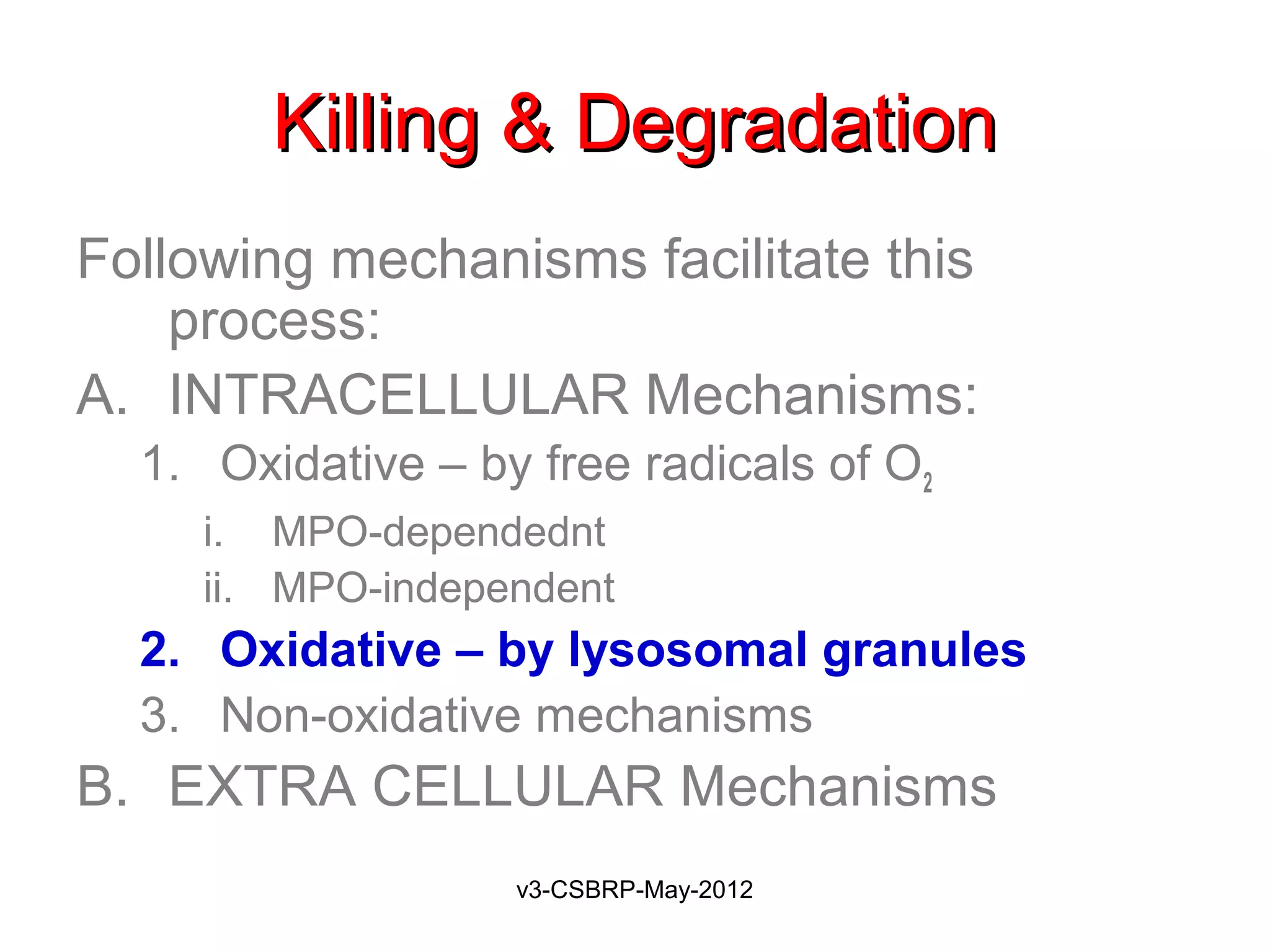 Killing & Degradation
Following mechanisms facilitate this
    process:
A. INTRACELLULAR Mechanisms:
  1. Oxidative – by free radicals of O2
     i. MPO-dependednt
     ii. MPO-independent
  2. Oxidative – by lysosomal granules
  3. Non-oxidative mechanisms
B. EXTRA CELLULAR Mechanisms
                   v3-CSBRP-May-2012
 